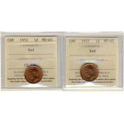 1952 1¢ ICCS MS65RD.  Lot of 2 coins all red.