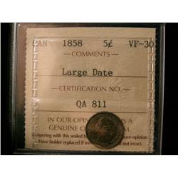 1858 5¢ Large Date ICCS VF30.  Darkish tone and well struck.