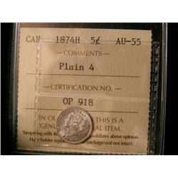 1874H 5¢ Plain 4 ICCS AU55. Lustrous and white.