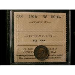 1916 5¢ ICCS MS64.  Mintstate example with toning.