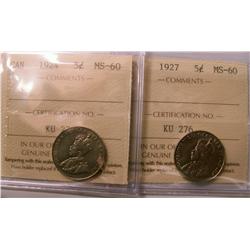 1924 & 1927 5¢ ICCS MS60.  Lot of 2 coins.