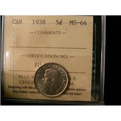 1938 5¢ ICCS MS64. Sharply struck with full lustre.  So close to be called a Gem!  A better date.