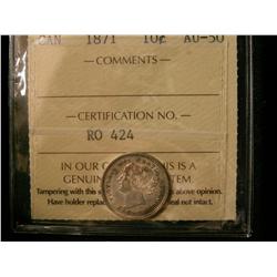 1871 10¢ ICCS AU50.  White with lustre.