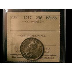 1917 25¢ ICCS MS65.  Green shades with light underlying lustre.