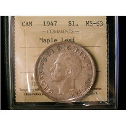 1947 $1 ML ICCS MS63. Brilliant and lustrous.