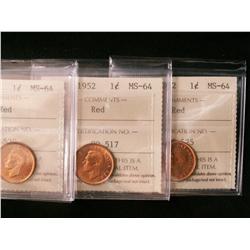 1952 1¢ ICCS MS64RD.  Lot of 3 coins all red.