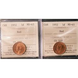 1952 1¢ ICCS MS65RD.  Lot of 2 coins all red.