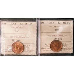 1952 1¢ ICCS MS65RD.  Lot of 2 coins all red.