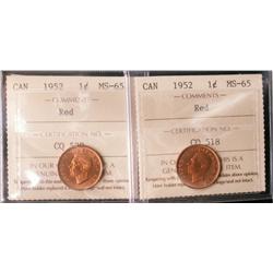 1952 1¢ ICCS MS65RD.  Lot of 2 coins all red.
