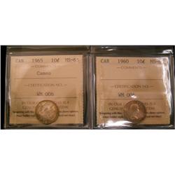 1960 & 1965 10¢ ICCS MS65.  Lot of 2 gem coins.