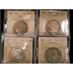 1945 50¢ MS60, 1956 MS63, 1964 MS63 and 1967 50¢ MS63.  Lot of 4 coins.
