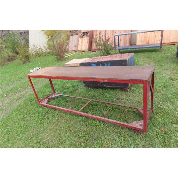 Metal Framed Shop Bench on Castors 90" X 20 1/2" X 32"