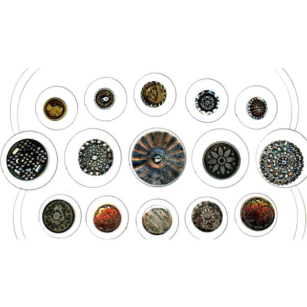 A partial card of assorted steel buttons.