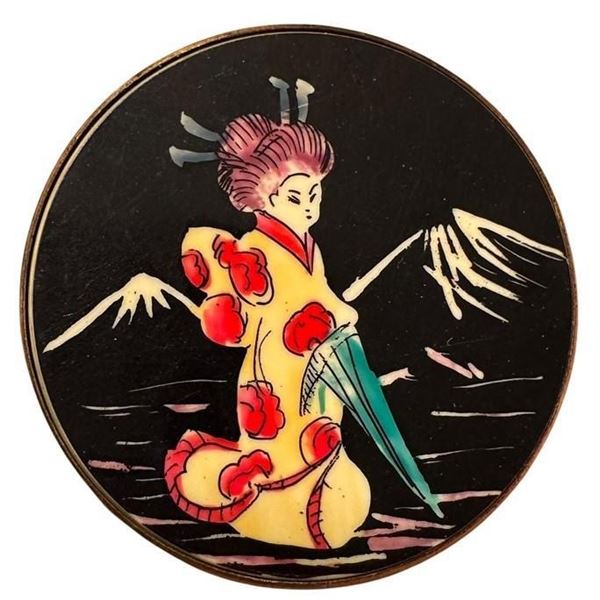 A division one colored disk Asian female figure button