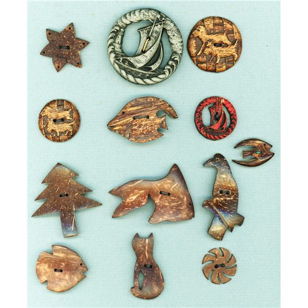A card of division three mostly Coconut shell buttons
