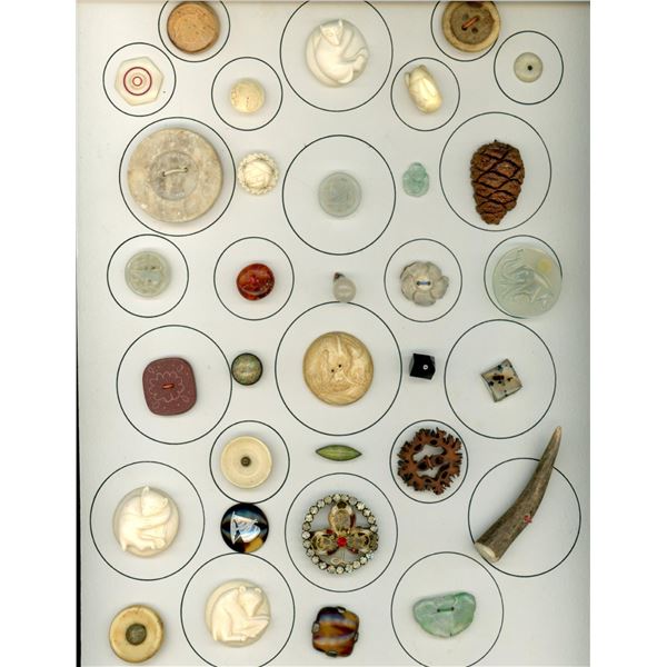 A card of assorted material buttons