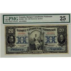 La Banque Canadienne Nationale, 1925 $20 #395044, CH-85-10-06, PMG VF25. Only 12 examples known. Thi