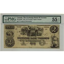 The Exchange Bank of Toronto, 1855 $2 ,CH-255-10-04R, PMG AU55 EPQ.  Only one example finer.