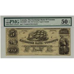 The Exchange Bank of Toronto, 1855 $5, CH-255-10-06R, PMG AU50 EPQ