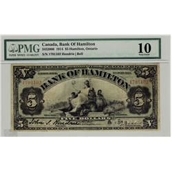 The Bank of Hamilton 1914 $5 #1791102, CH345-20-06 PMG VG10.