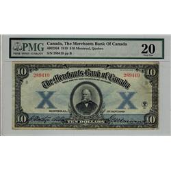 The Merchants Bank of Canada, 1919 $10 #289419, CH-460-22-04, PMG VF20, Only one example finer.