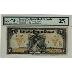 The Standard Bank of Canada, 1919 $5 #422047, CH-695-18-10, PMG VF25.  Finest graded by PMG.