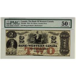 The Bank of Western Canada, 1859 $2 #964, CH-795-10-08, PMG AU50 EPQ.  Only 2 examples finer. Scarce