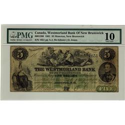 The Westmorland Bank of New Brunswick, 1861 $5 #1651, CH-800-12-06, PMG VG10