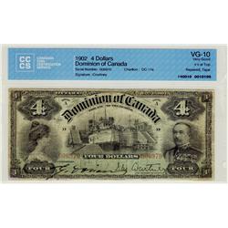 1902 $4 DC-17a #006970, CCCS VG10.  The better 4's on top variety. Note was mounted and shows tape r