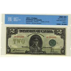1923 $2 DC-26d /H-504446   CCCS UNC65. Very scarce this nice. Flashy.