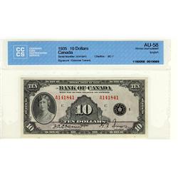 1935 $10 BC-7 A141841 CCCS AU58.  Looks choice. Bright with vibrant colours.