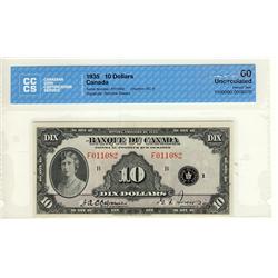 1935 $10 BC-8 F011082 CCCS UNC60.  Vibrant colours with great embossing.