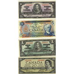 1937 $1 BC-21d, 1937 $10 BC-24c, 1954 $20 DF BC-33b, 1972 $5 BC-48a #CP0989098.  Lot of 4 notes Fine