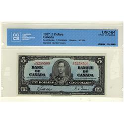 1937 $5 BC-23b T/C5258509 CCCS UNC64. A very nice and choice example