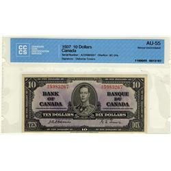 1937 $10 BC-24a A/D5983267 CCCS AU55. Bright with vibrant colours.