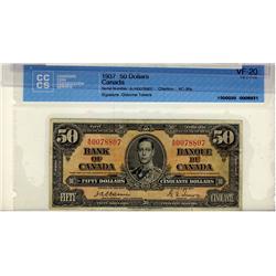 1937 $50 BC-26a Osborne #AH0078807, CCCS VF20. Another scarce issue.