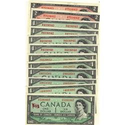 1954 $1 (9) 1954 $2 (2), BC-37b and BC-38b, all notes bear a red Canadian flag. All Unc.