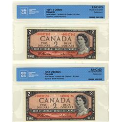 1954 $2 BC-38bA *A/B0037186/87 CCCS UNC63. A nice consecutive pair