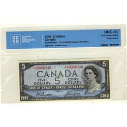 1954 $5 BC-39aA-i *R/C0006336 CCCS UNC-64. A superior example.