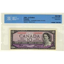 1954 $10 BC-40aA *A/D0026097 CCCS AU58. Bright and looks choice.