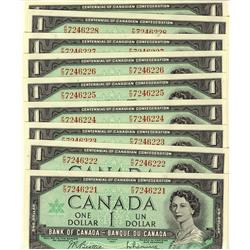 1967 $1 BC-45b with serial numbers. P/O7246221 to P/O7246229.  Run of 9 consecutive notes