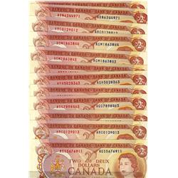 1974 $2 BC-47a and 47b. Lot of 12 notes. All Unc.