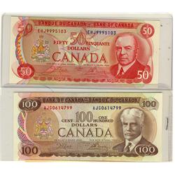 1975 $1 50 BC-51b #EHJ9995103 & $100 BC-52b #AJG0614799.  Lot of 2 notes, AU to UNC.