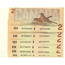 1986 $2; BC-55a AUE, AUF. BC-55b AUL, AUP, AUT, AUV.  All Unc.