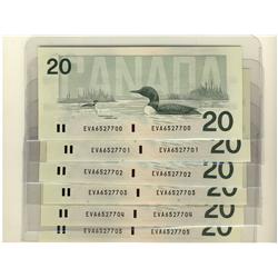 1991 $20 BC-58b-ii EVA6527700 TO 705. No back plate.  Run of 6 consecutive notes.