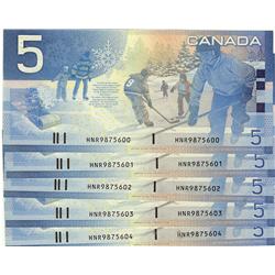 2004 $5 BC-62bA #HNR9875600-601-602-603-604,  Lot of 5 consecutive notes.  All UNC