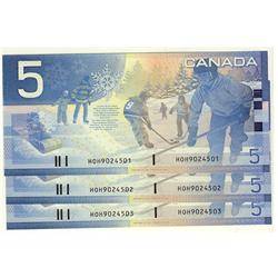 2005 $5 BC-62bA #HOH9024501,02-03,  Lot of 3  consecutive notes,  All UNC,