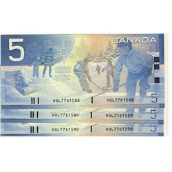 2005 $5 BC-62bA #HOL7761588,89,90,  Lot of 3 consecutive notes,  All UNC,