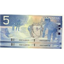 2005 $5 BC-62bA #HOR1468975 976,  Lot of 2 consecutive notes,  All UNC