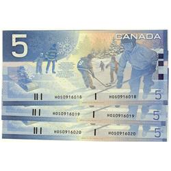 2005 $5 BC-62bA #HOS0916018,019,020,  Lot of 3 consecutive notes,  All UNC,